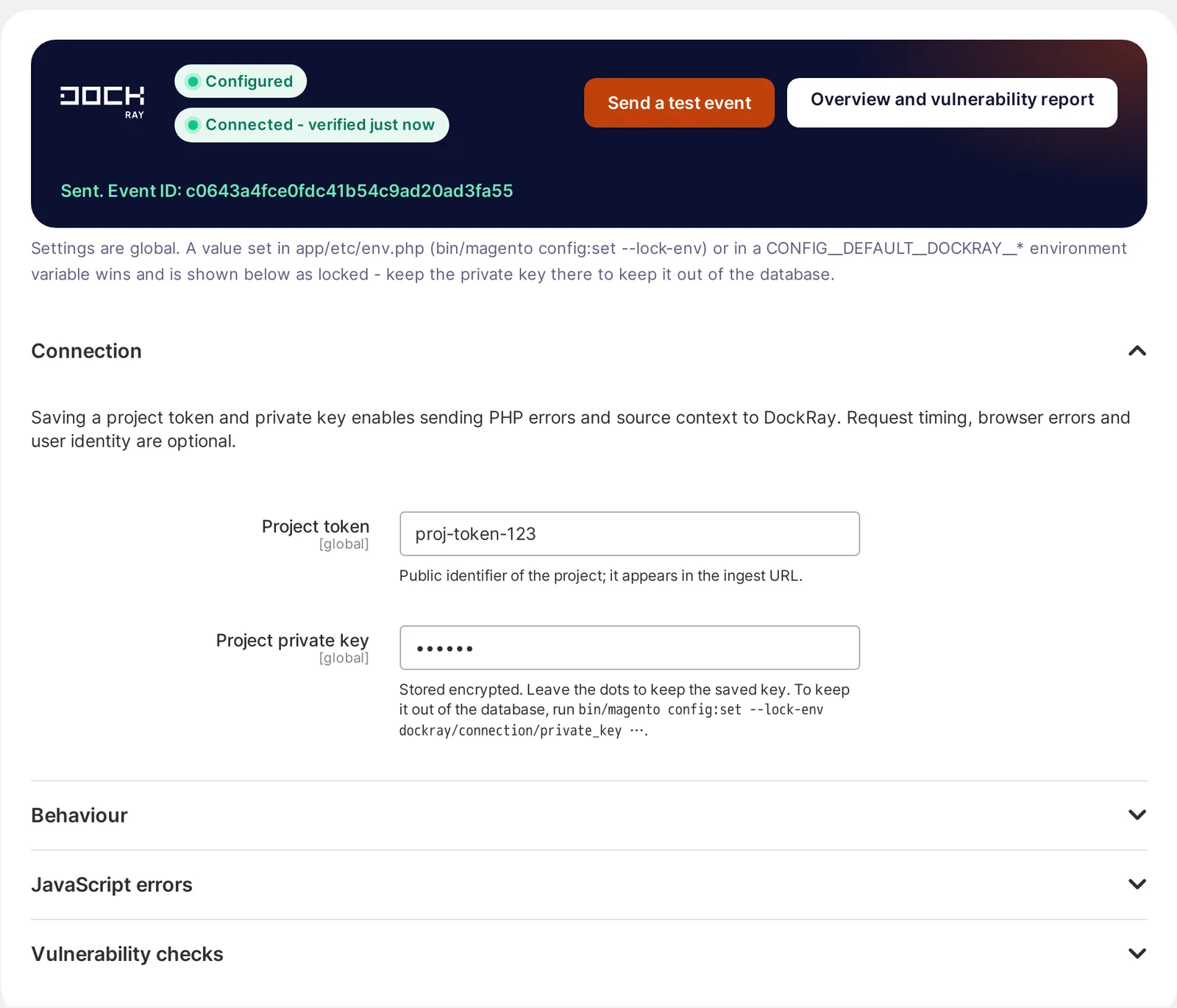 DockRay connection settings in Magento: Project token and Project private key fields in the Connection section