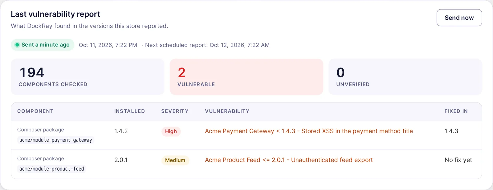 DockRay vulnerability report for Magento showing the number of checked components, vulnerable extensions, severity levels, and patched versions